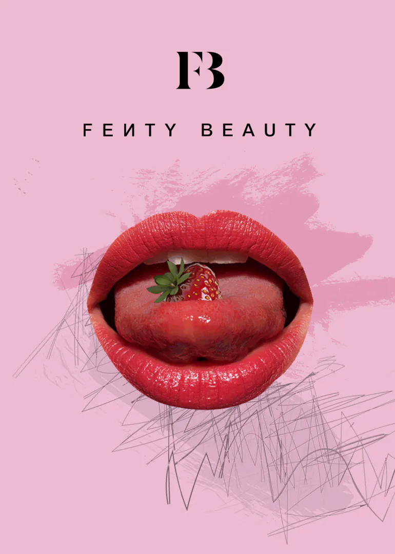 Rozā reklāmas baneris ar lūpām un Fenty Beauty logotipu