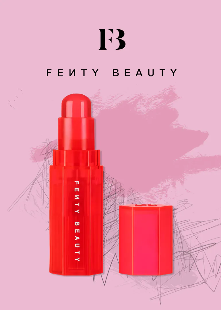Rozā reklāmas baneris ar Fenty Beauty kosmētikas produktiem