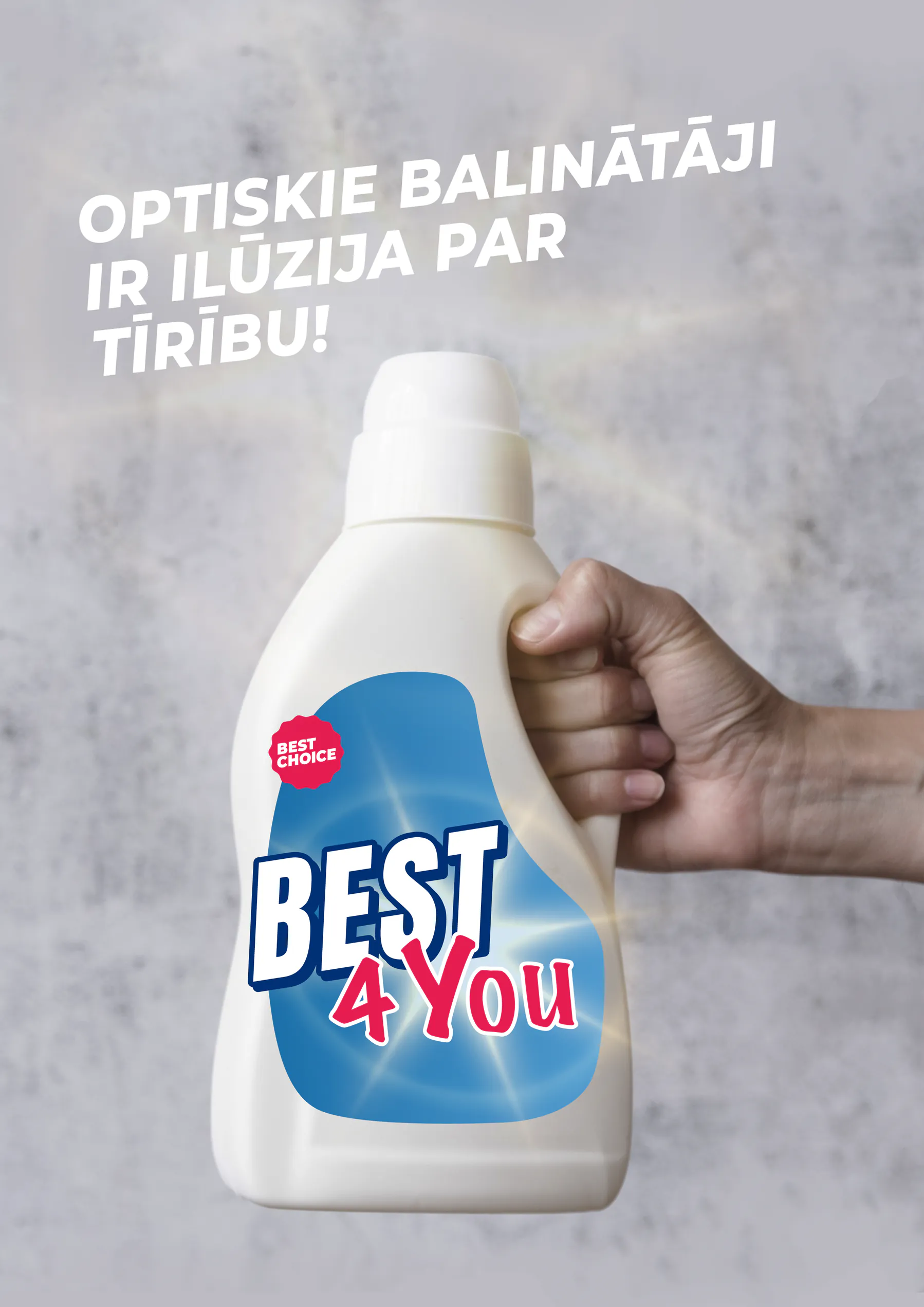Roka tur Best 4 You pudeli ar saukli par optisko balinātāju radīto tīrības ilūziju