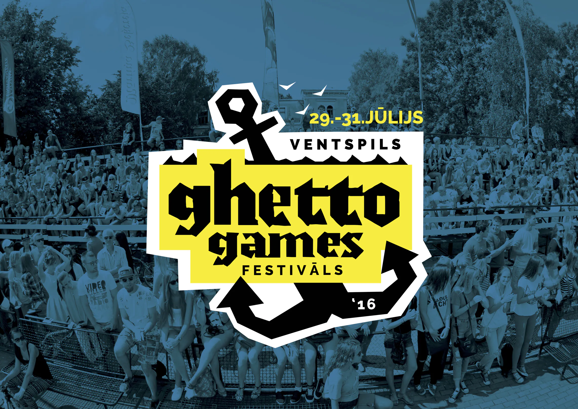Ghetto Games Festivāla 2016 logotips uz pūļa fona brīvdabas pasākumā