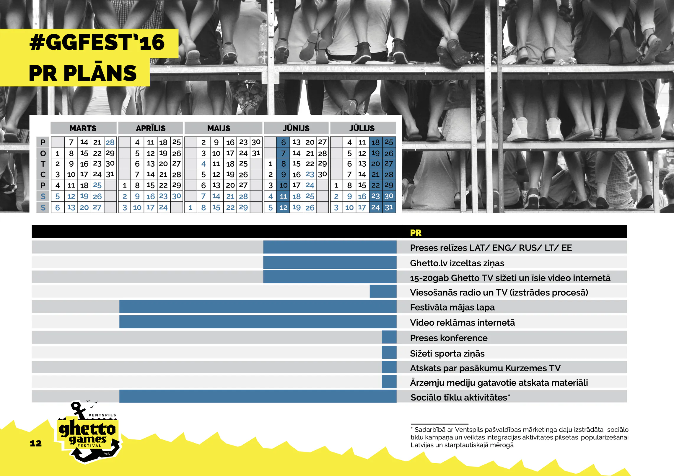 Festivāla sabiedrisko attiecību plāns ar kalendāru un pūļa fotogrāfiju brīvdabā