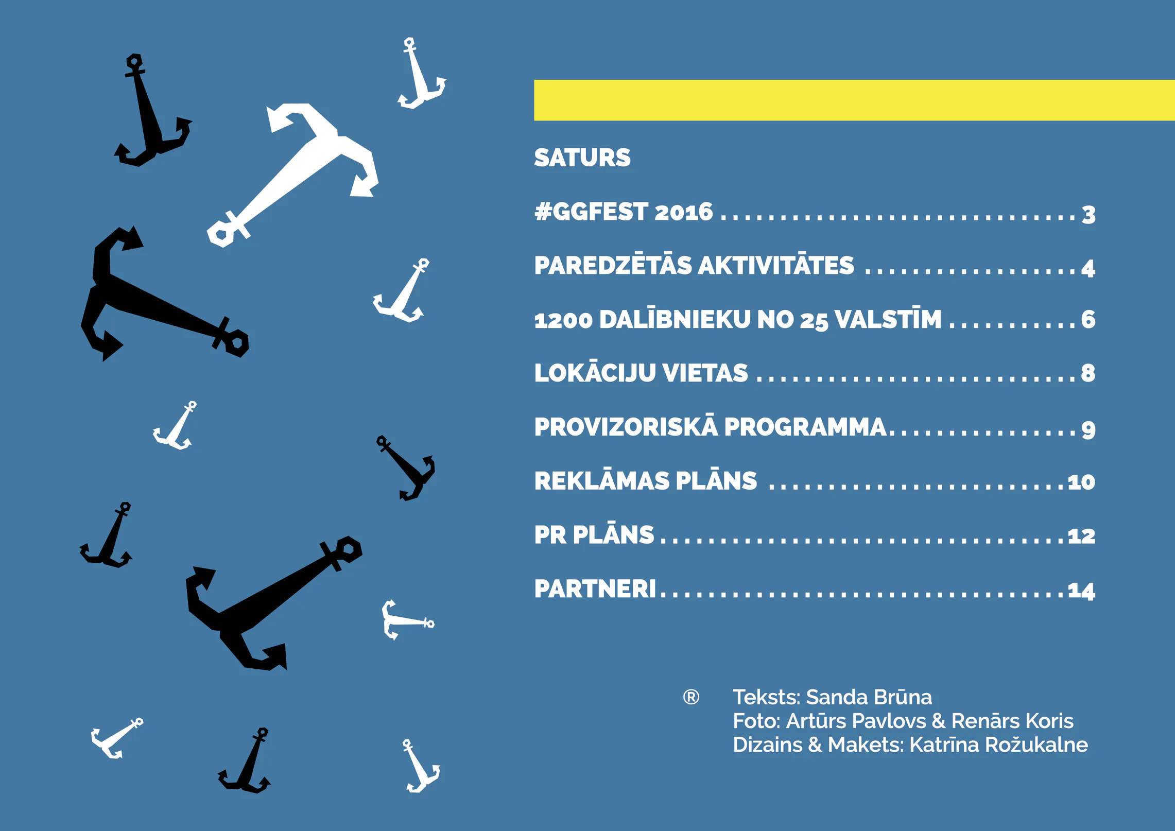 Festivāla programmas satura rādītāja lapa ar zilu Ghetto Games grafiku