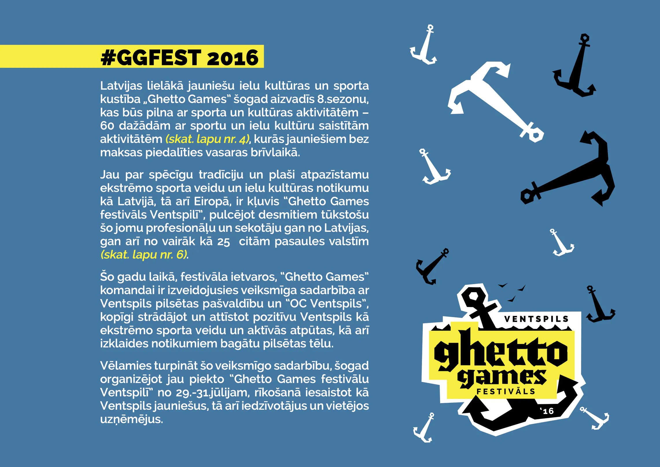 Festivāla ievada lapa ar Ghetto Games logotipu un zilu grafiku