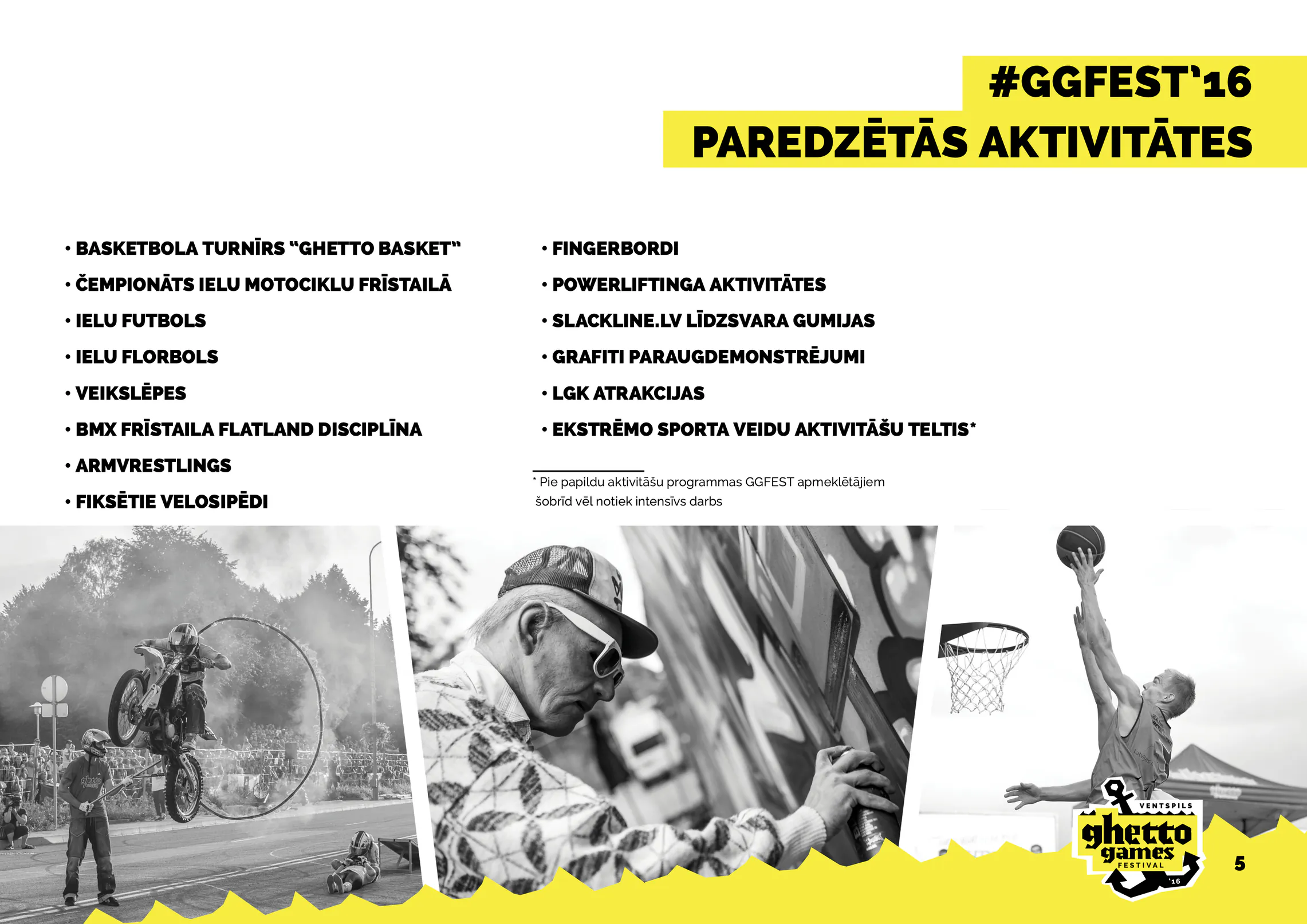 Festivāla programmas lapa ar plānoto sporta aktivitāšu uzskaitījumu