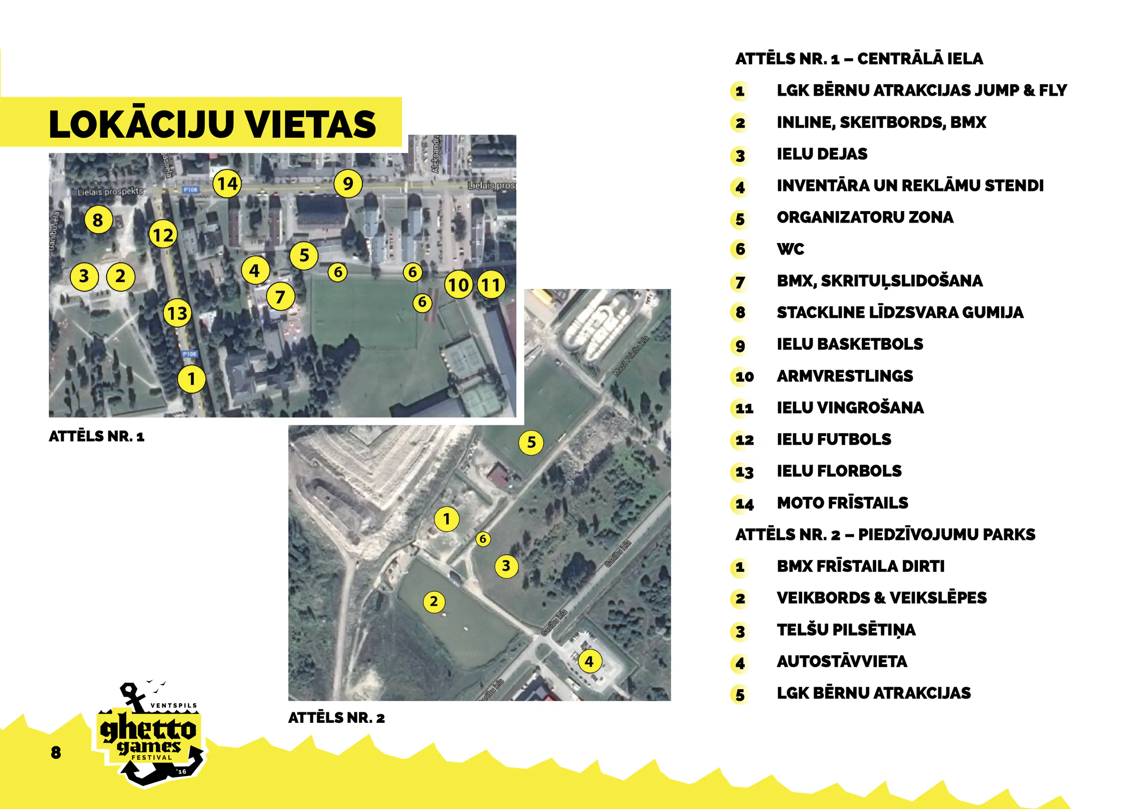 Festivāla programmas lapa ar norises vietu kartēm un vietu sarakstu