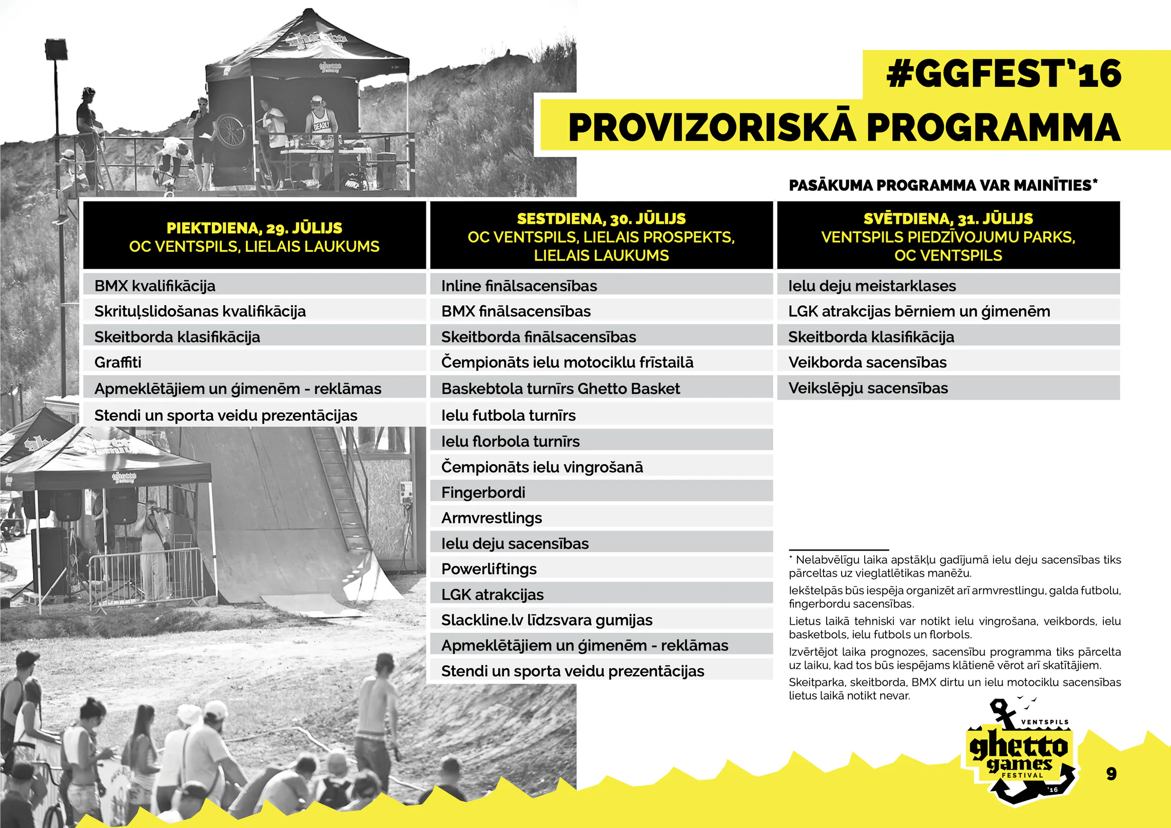 Festivāla programmas lapa ar provizorisko pasākumu grafiku