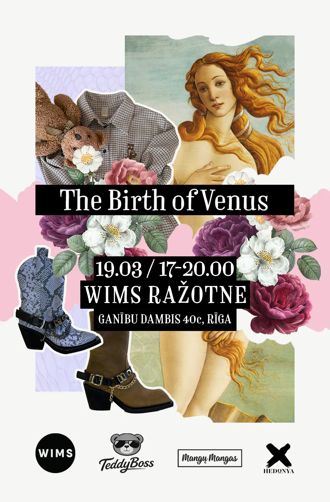 Kolāžas tehnikā veidots ielūgums uz pasākumu The Birth of Venus WIMS Ražotnē