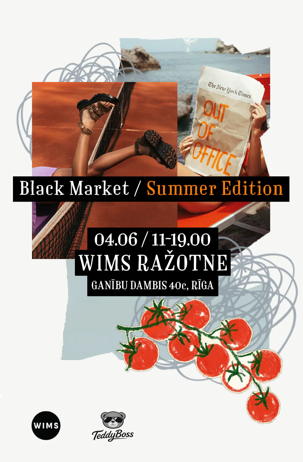 Kolāžas tehnikā veidots ielūgums uz Black Market vasaras pasākumu WIMS Ražotnē