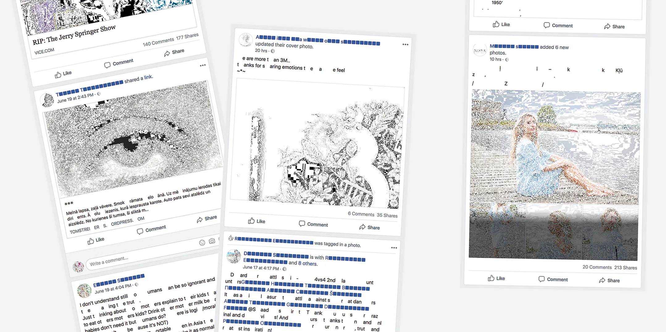 Kolāža ar daļēji izdzēstiem Facebook ierakstiem, kuru attēlus un tekstu veido kompostētās rakstzīmes un krāsas