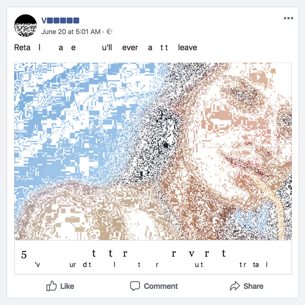 Facebook ieraksts ar no burtiem un krāsām veidotu sievietes portreta tuvplānu