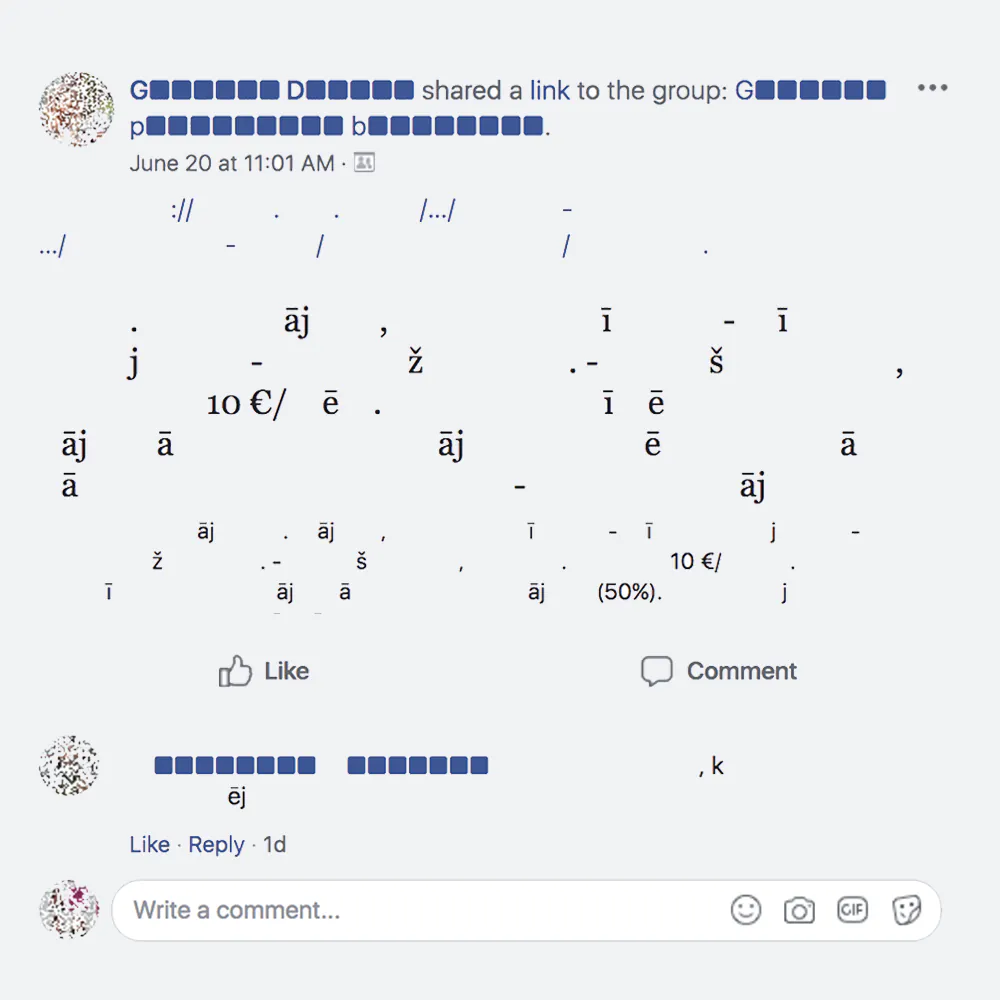 Facebook ieraksts ar izretinātiem burtiem un tukšiem laukumiem