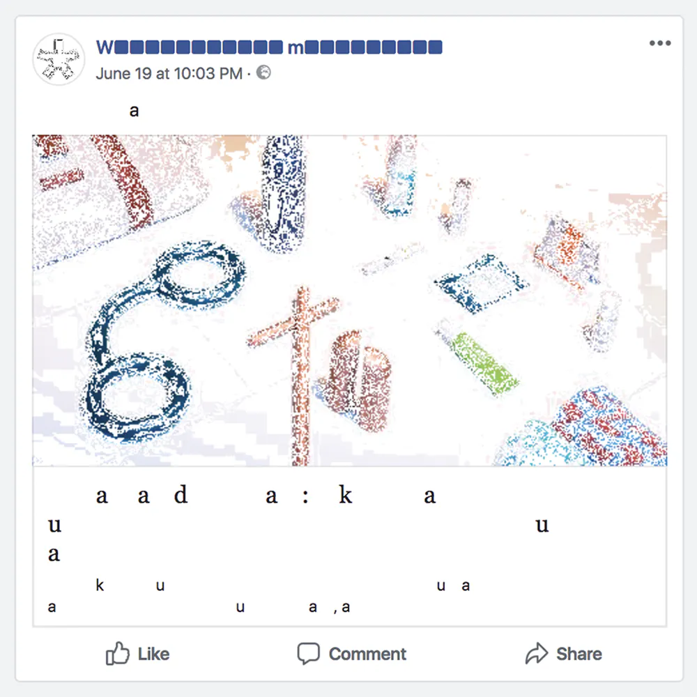 Facebook ieraksts ar no burtiem un krāsām veidotu šķēru un citu priekšmetu kompozīciju