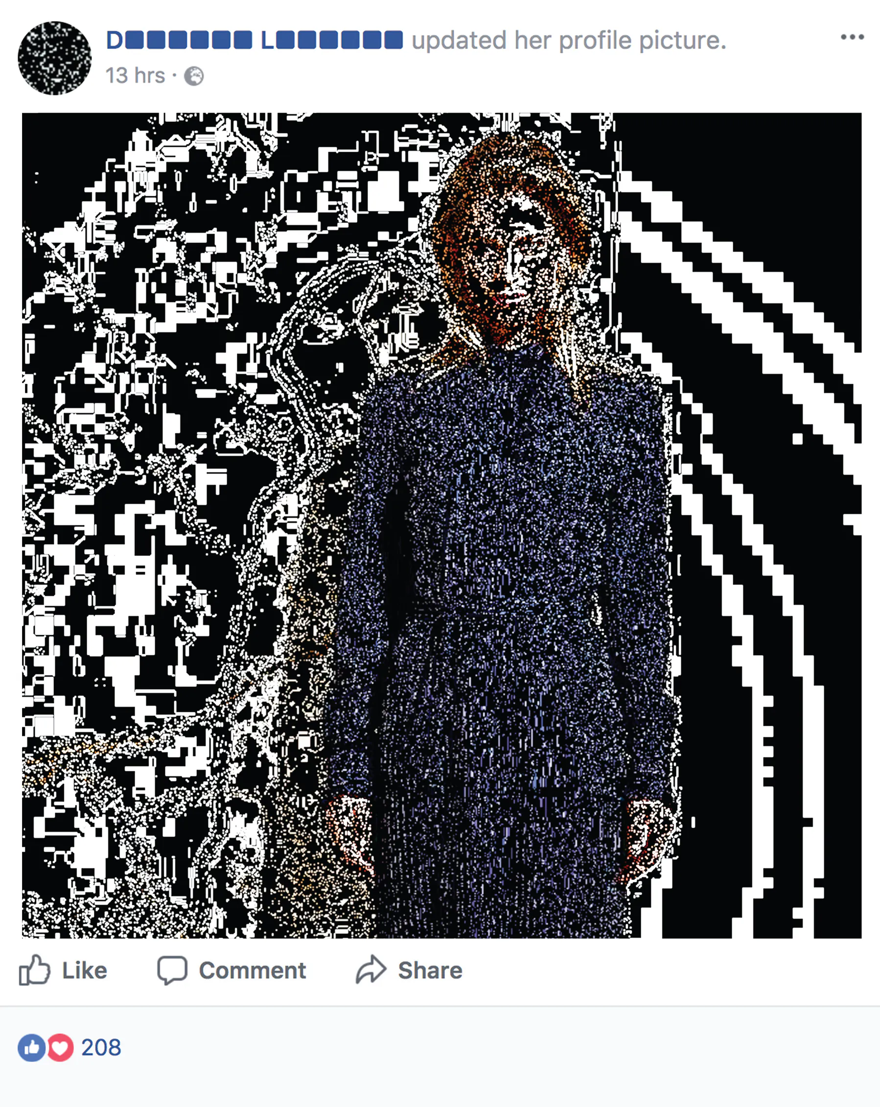 Facebook ieraksts ar no burtiem veidotu cilvēka figūru melnbaltā kompozīcijā