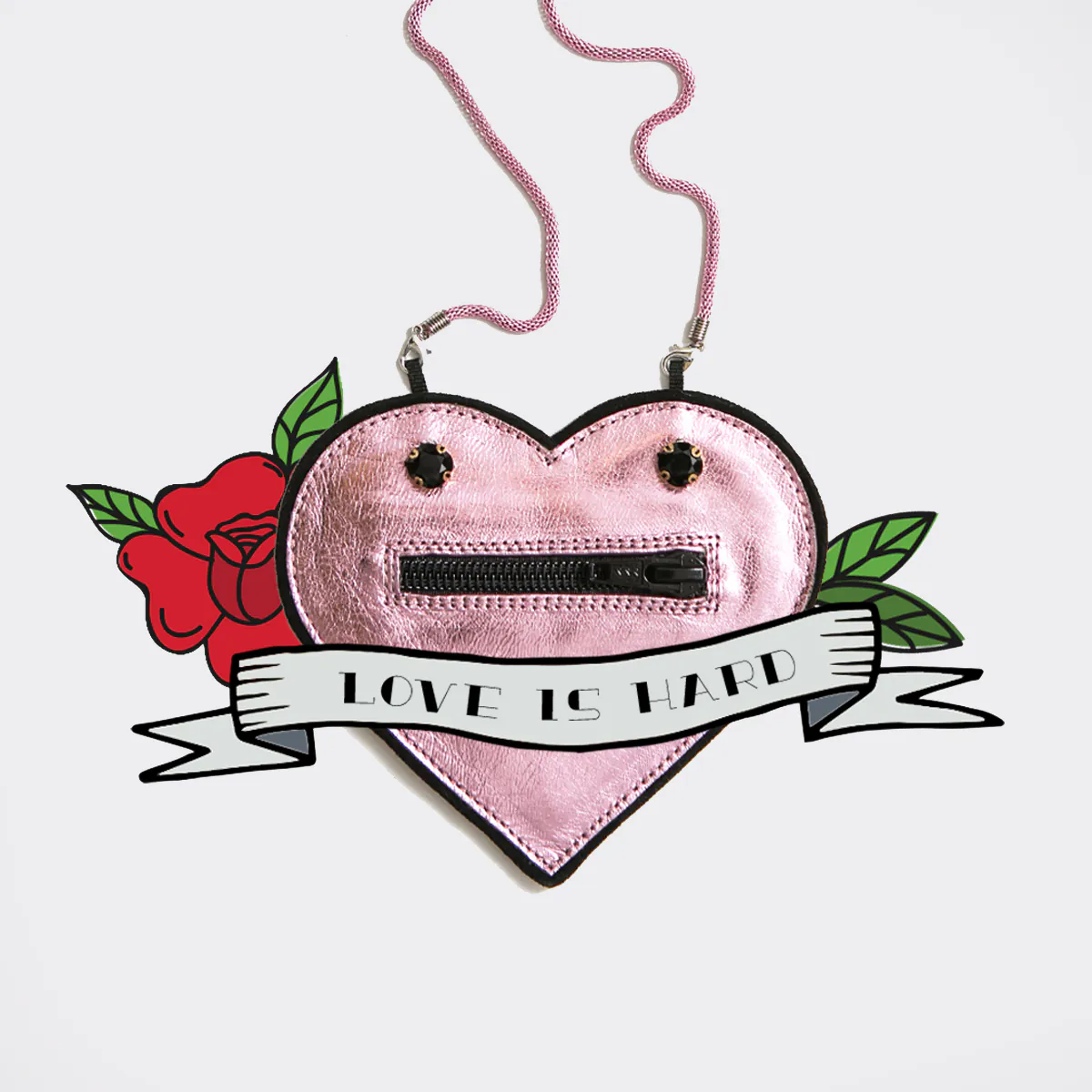 WIMS sociālo tīklu grafika ar rozā sirds formas somu un tekstu Love Is Hard