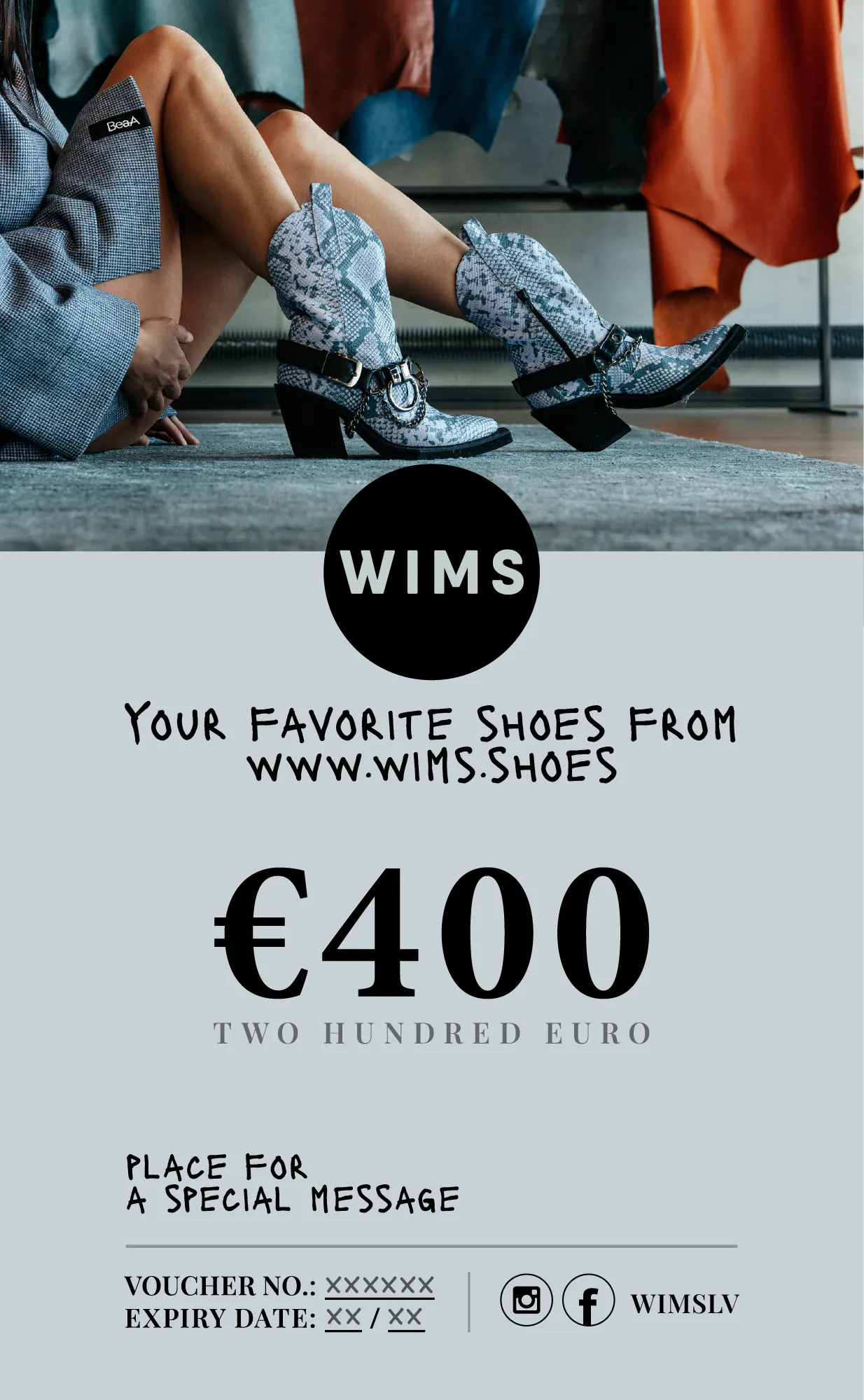 WIMS 400 eiro dāvanu karte ar ziliem zābakiem