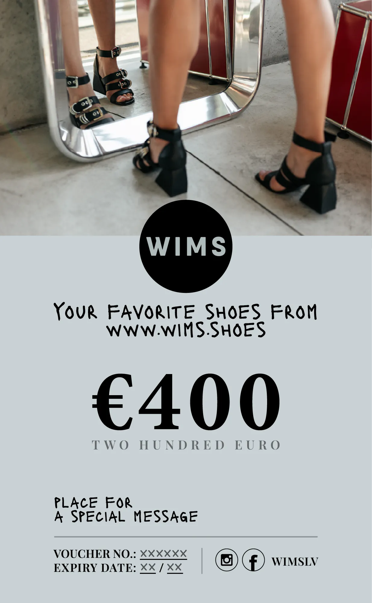 WIMS 400 eiro dāvanu karte ar melnām sandalēm