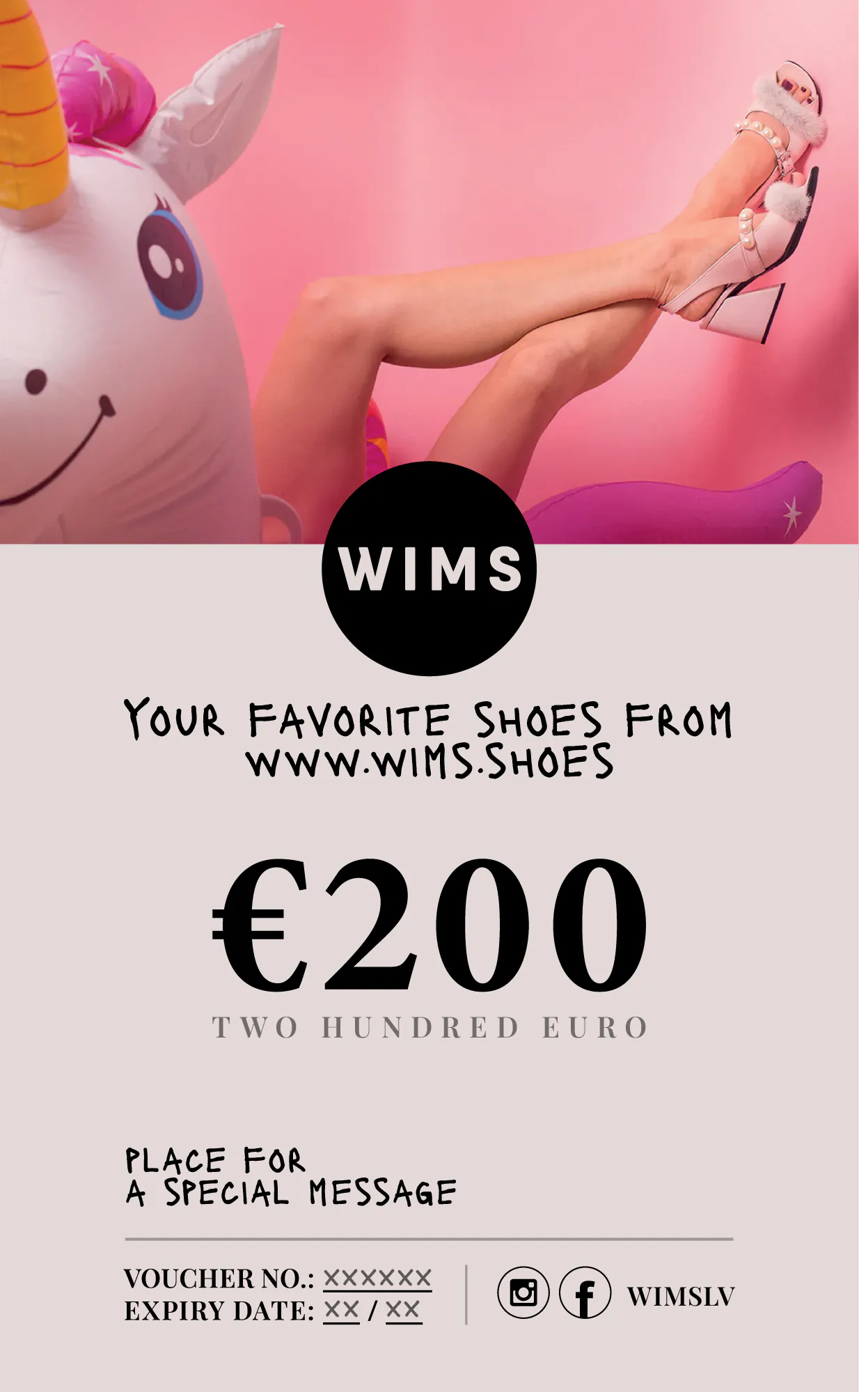 WIMS 200 eiro dāvanu karte ar rozā kurpēm un vienradzi