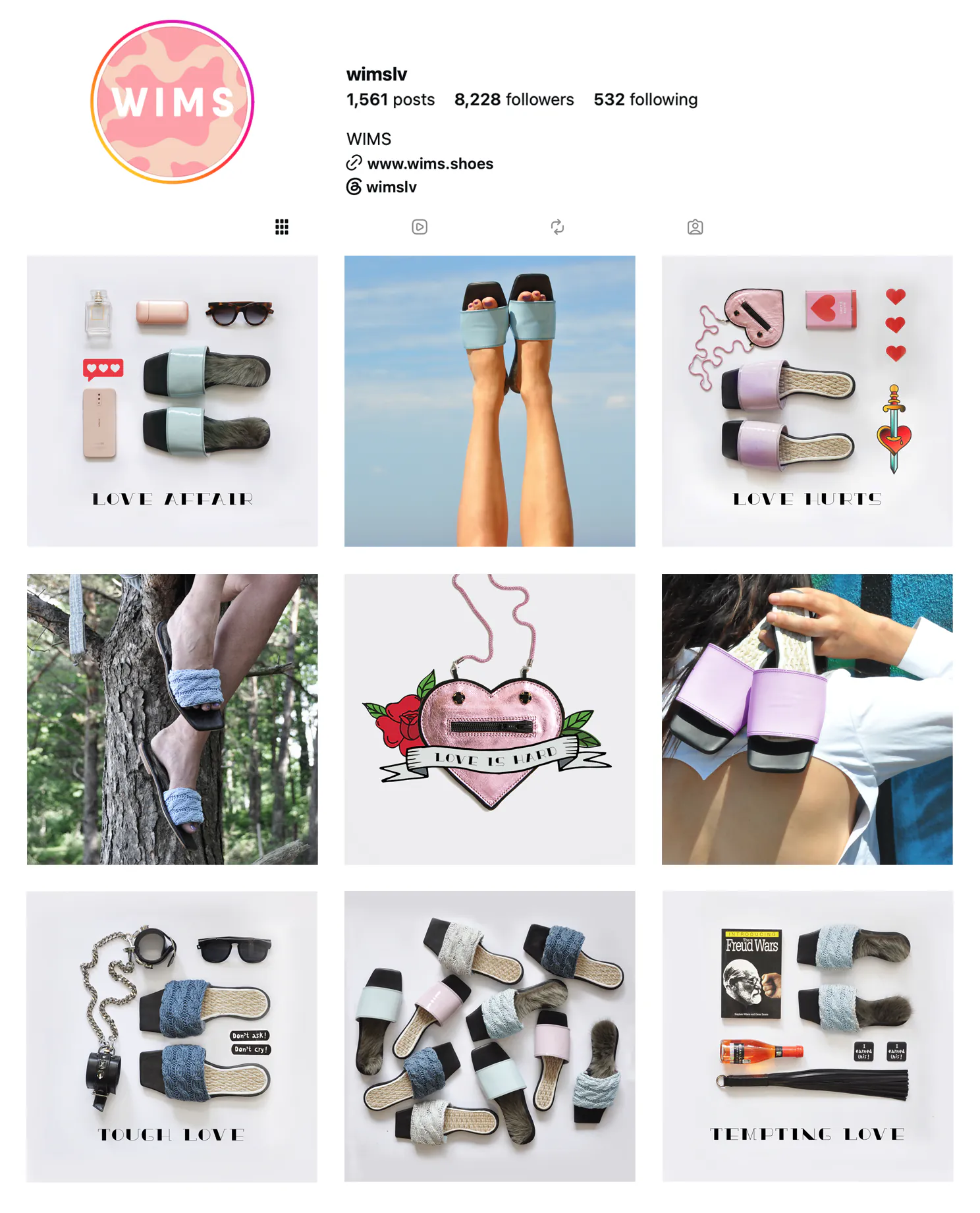 WIMS Instagram profils ar apavu kolekciju grafikām, kas ritinās