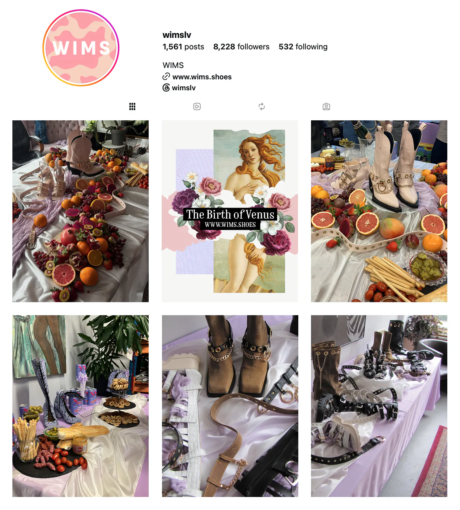WIMS Instagram profils ar pasākumu un apavu fotogrāfijām, kas ritinās